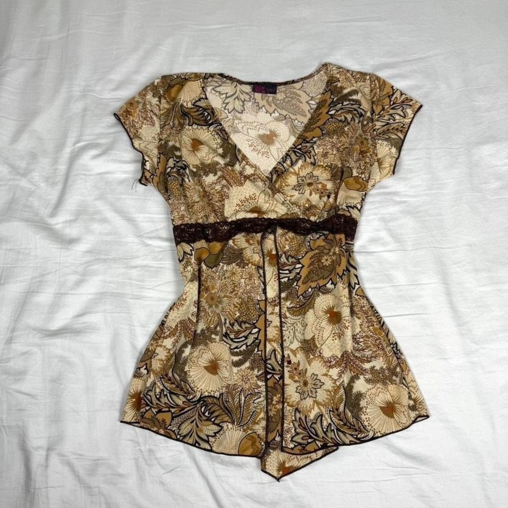 y2k Agenda fairy grunge brown floral babydoll short sleeve top